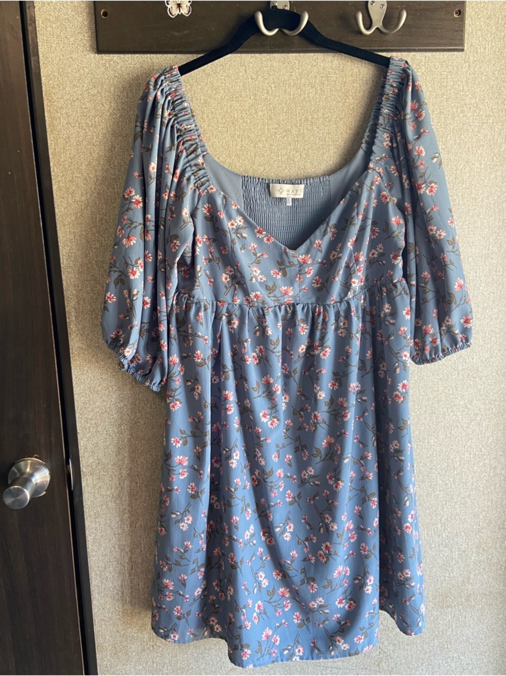 Floral babydoll milkmaid puff sleeve blue mini dress large WAYF cottagecore